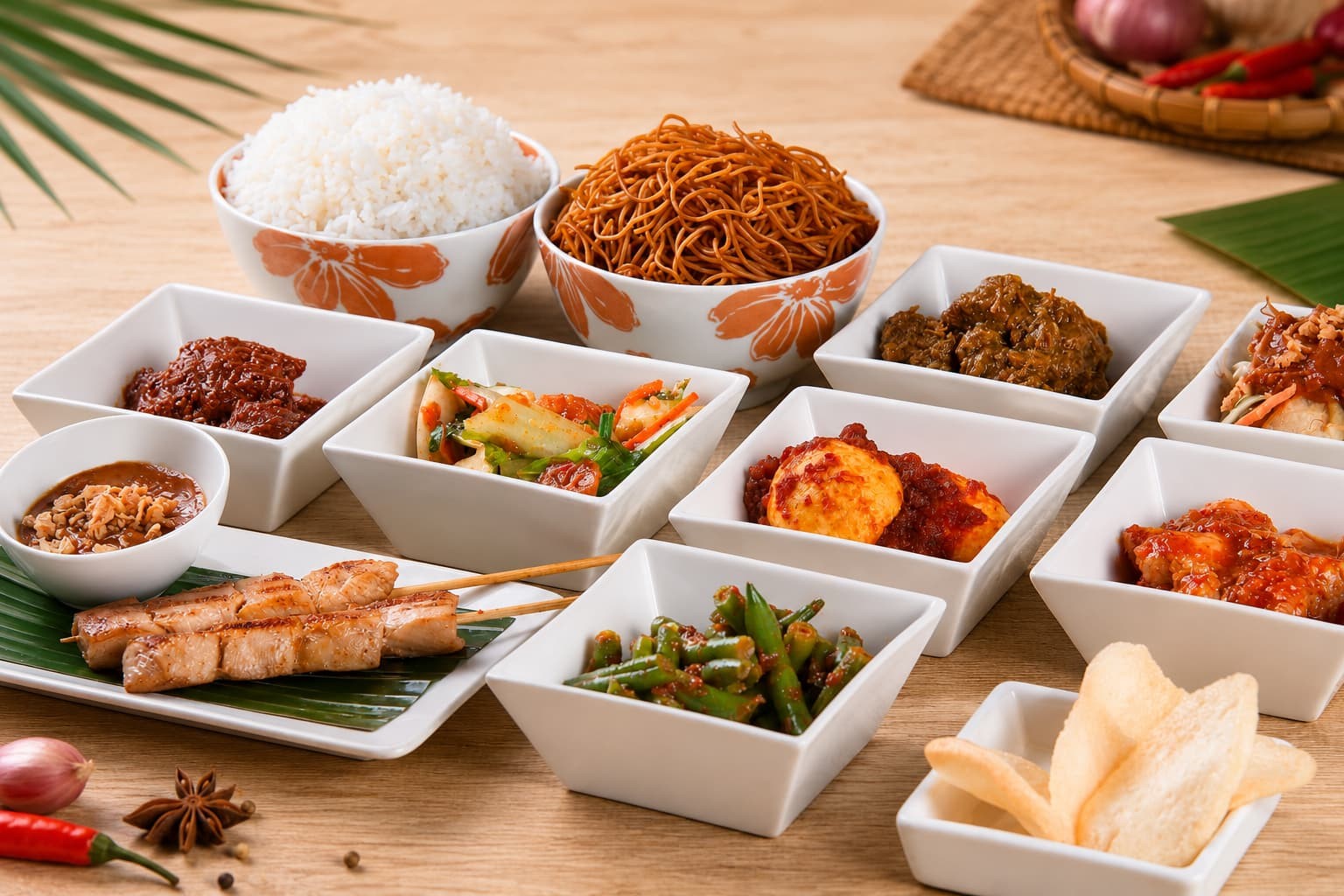 Indonesian rice table at Papaya – shared dining on rechauds